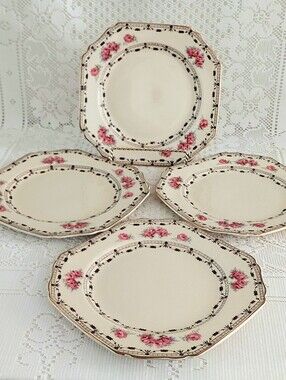 Set of 4 Vintage Thomas Hughes Coronation Rose 7.75" Octagonal Pink Floral Plate
